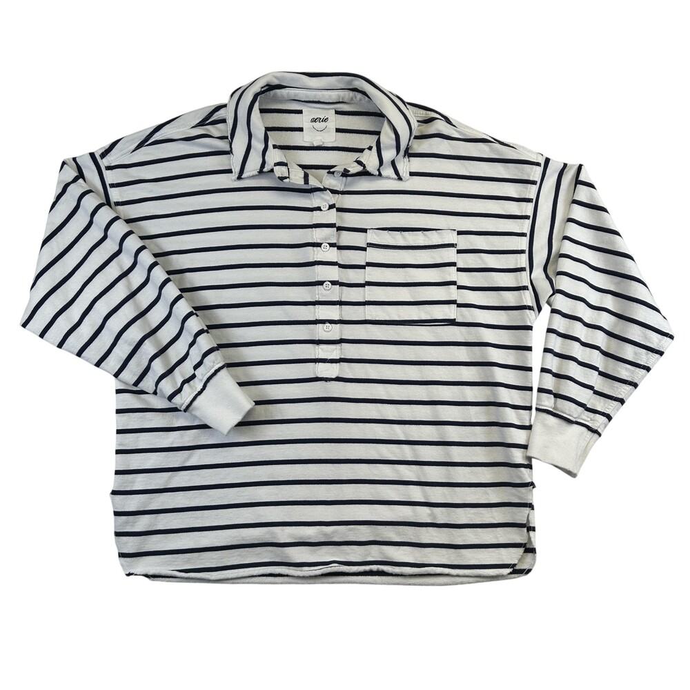 Aerie Shirt Womens Small Take It Easy Striped Long Sleeve Polo Jersey Pocket